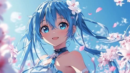 Blue haired anime girl with cherry blossoms in spring sky.