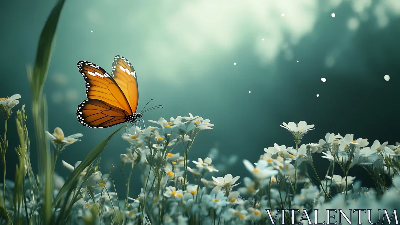 Orange butterfly rests on white flowers in shallow depth field