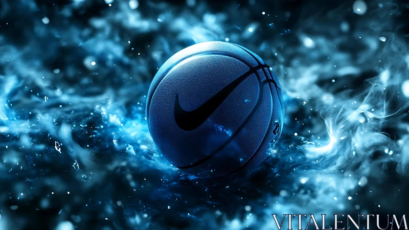 Glowing blue basketball in electric smoke vortex motion.