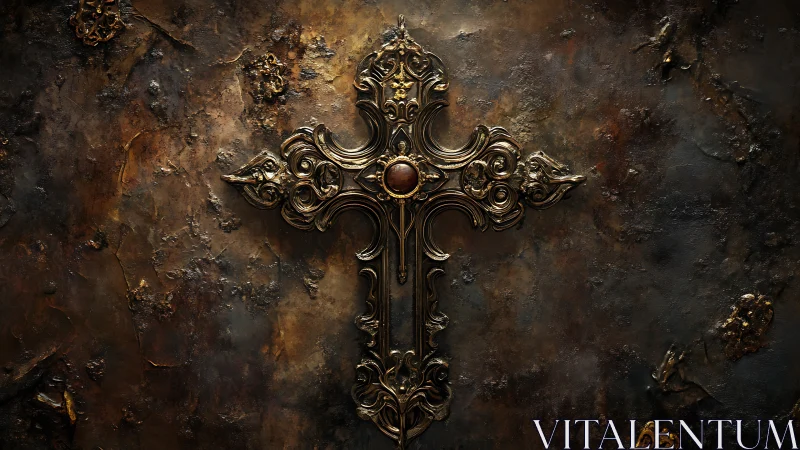 Baroque metal cross on corroded patinated wall surface