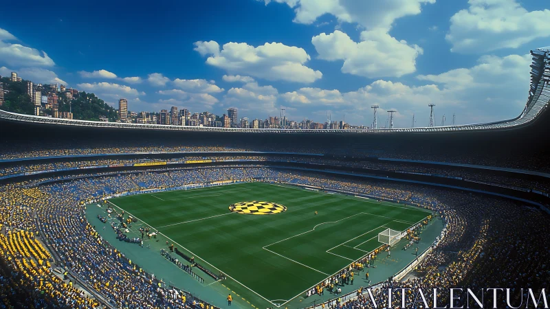 Packed football stadium under bright blue cloudy sky scene.