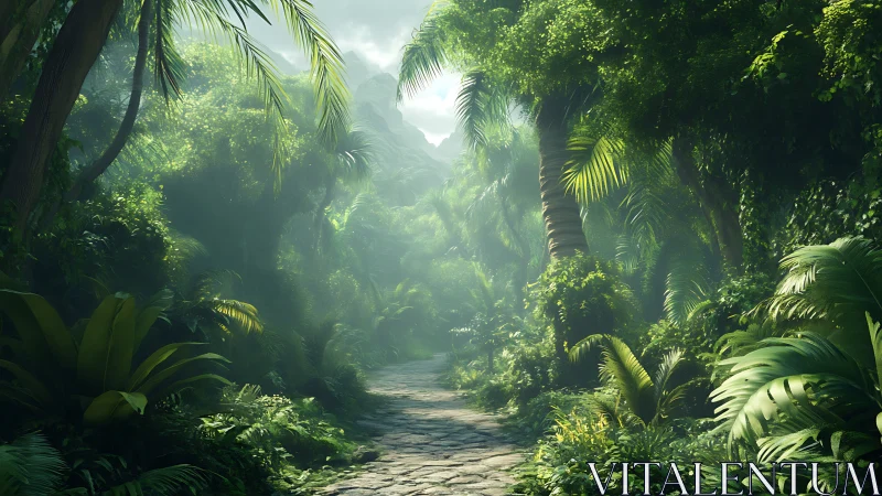 Ethereal Jungle Pathway: Luminescent Rainforest Canopy with Misty Atmospheric Depth.