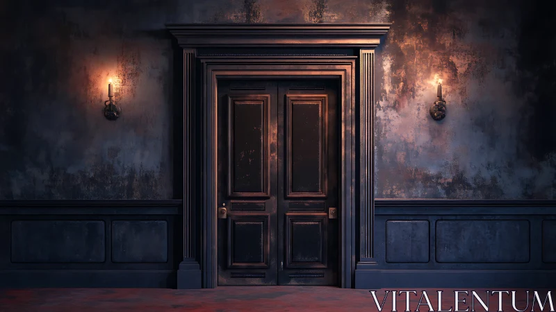 Candlelit forgotten doorway waits in a moody, timeworn hall.