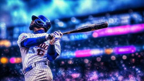 Dynamic baseball slugger in neon stadium glow effect.