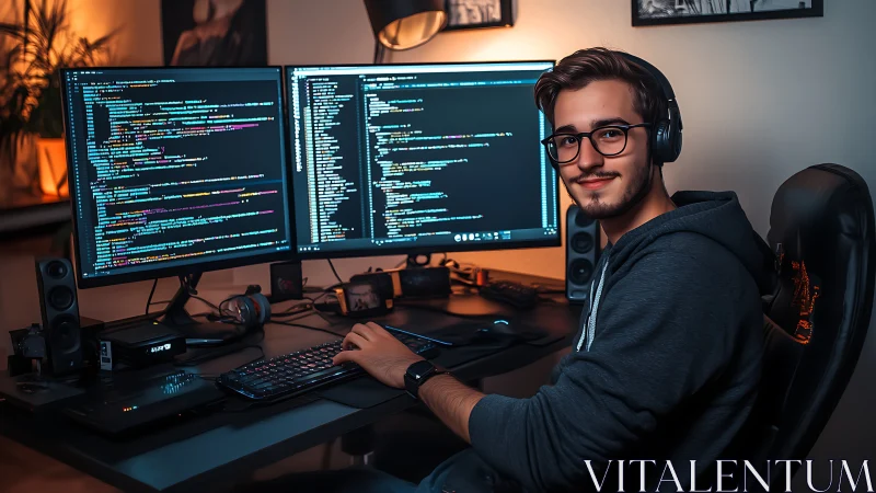 Photorealistic dual-monitor programmer workstation portrait.