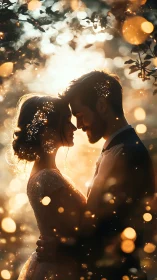 Sunlit silhouettes trade vows while firefly bokeh dances