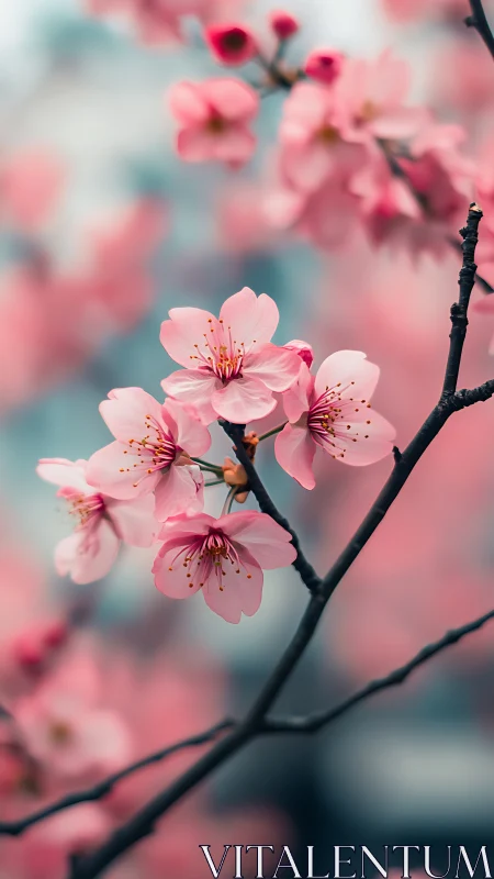 Pink Cherry Blossom Branch with Selective Focus Depth
