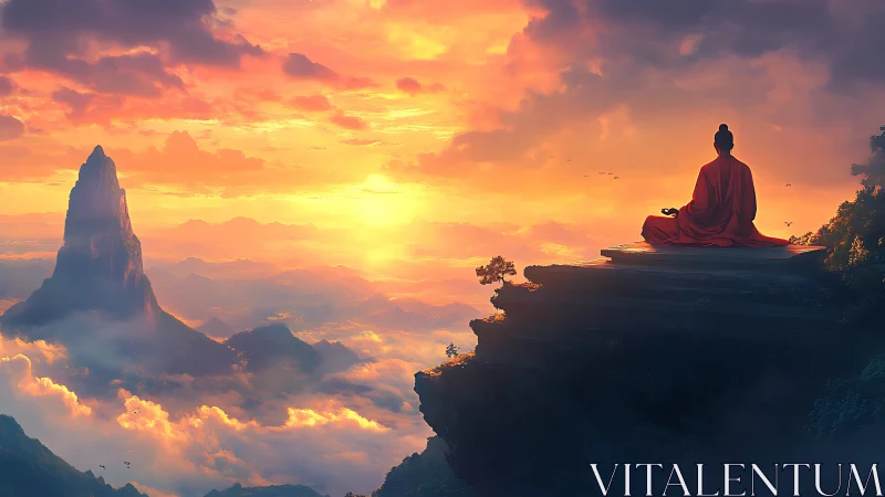 Monk meditates on cliff edge above glowing cloud valley