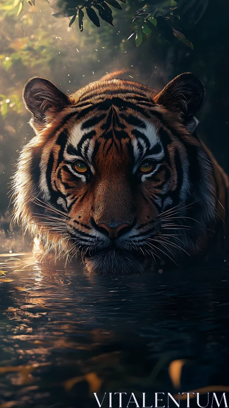 Majestic tiger stares from jungle water in golden dusk light