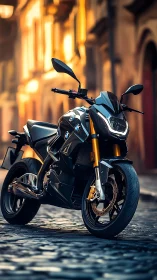 Sleek city motorcycle resting on sunlit cobblestone street.