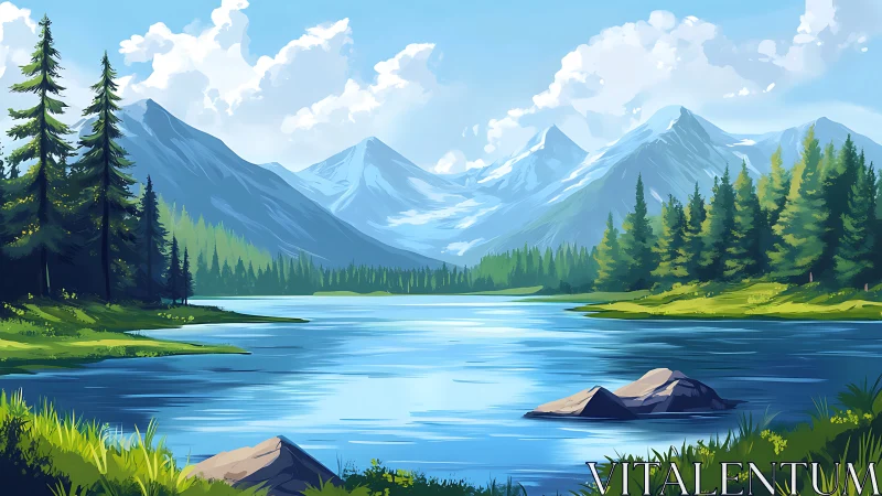 Digital alpine lake panorama with coniferous forest rendering.