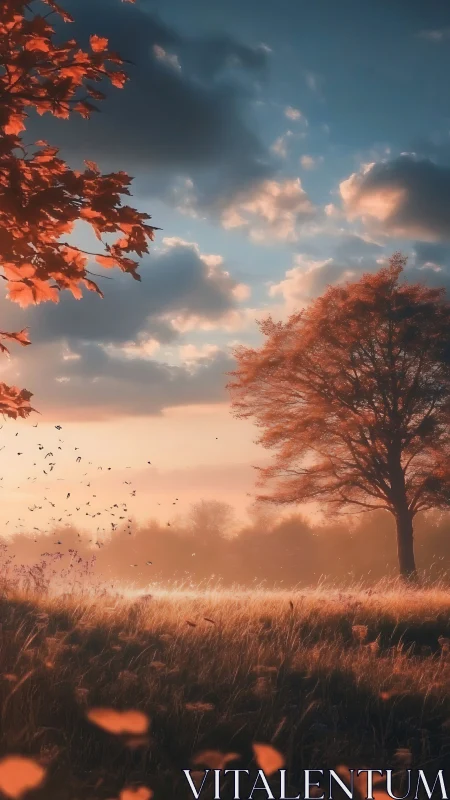 Autumn field sunset with lone tree and drifting leaves.