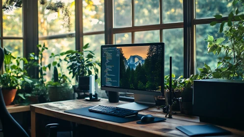 Ergonomic coding workspace integrates natural light and dense indoor greenery