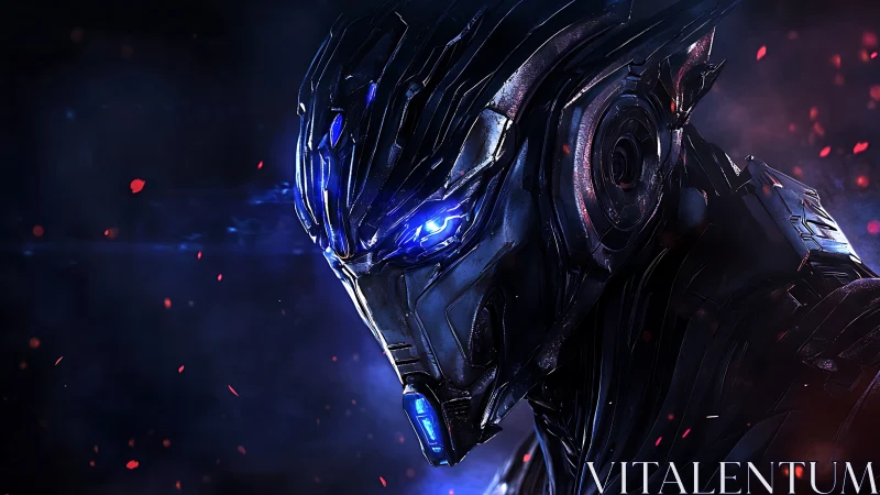 Cyberpunk mech portrait with luminous cobalt optics profile.