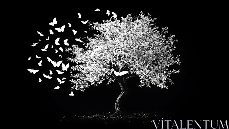 Butterfly-born tree dissolving into luminous white flight.