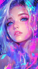 Neon-glitched cyber muse with crystalline blue gaze.