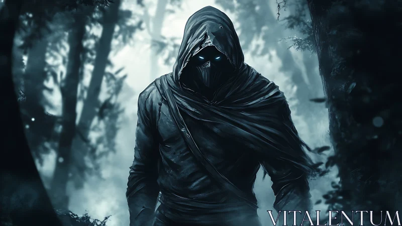 Hooded shadow stalks through misty forest in eerie silence