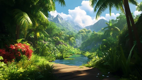 Sunlit jungle river quietly threads between emerald giants