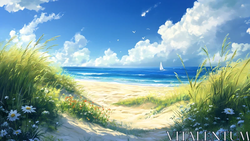 Sunlit dune path opening onto tranquil sailboat sea.