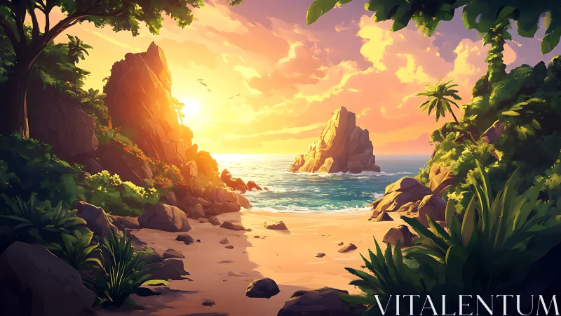 Tropical Sunset Beach Cove Surrounded by Dramatic Rock Formations.