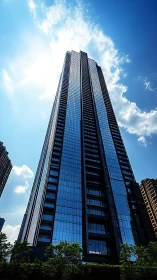 Glass high-rise skyscraper under bright midday sky.