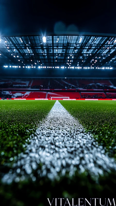 Low-angle football pitch line under stadium floodlights.