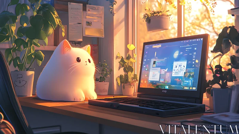 Glowing chibi cat beside laptop in sunlit digital workspace.
