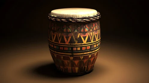 Tribal barrel drum under spotlight with warm earthy glow.
