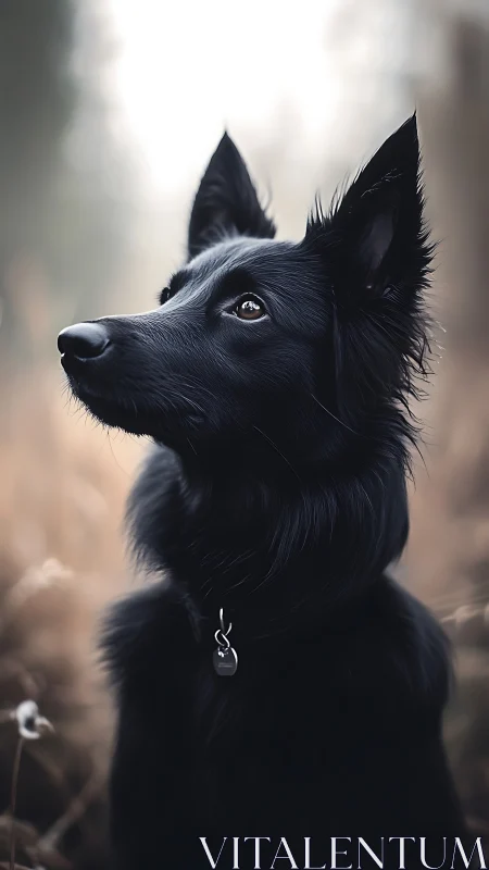 Midnight-coated dog gazes into misty autumn light.