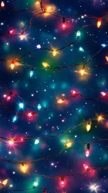 Digital painting of string lights on galactic gradient backdrop.