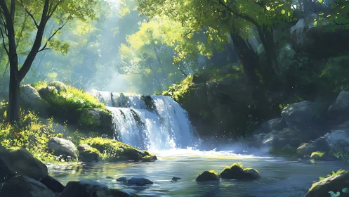 Enchanting Forest Waterfall Surrounded by Lush Green Trees