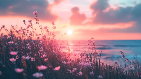 Neon dusk wildflowers framing luminous pastel ocean sunset.