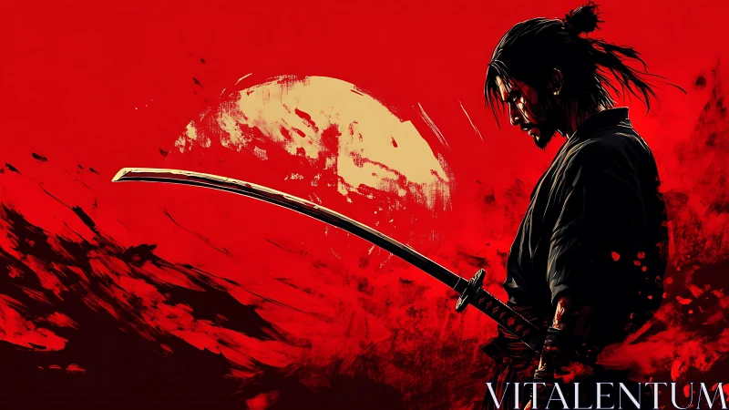 Blood-red horizon crowns a lone samurai in solemn resolve.