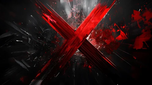 High-contrast red X fracture on dark abstract digital field