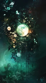 Luminous moon encircled by floral and abstract forms.