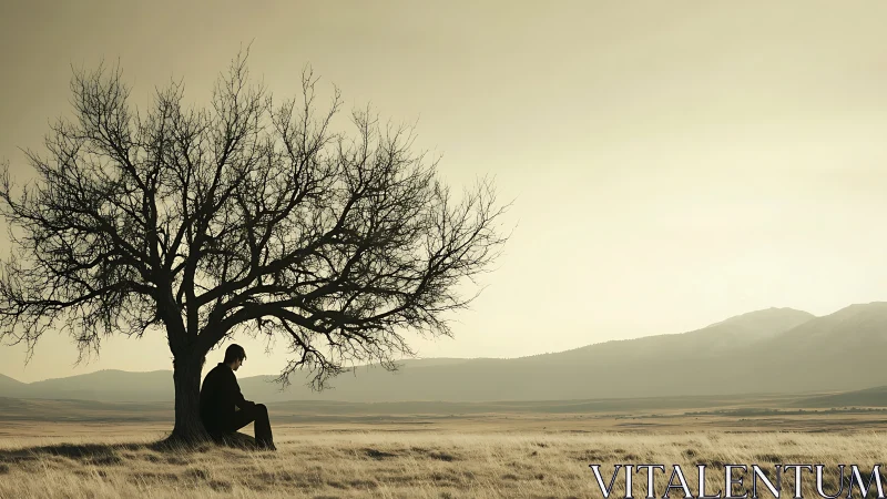Solitary man rests under bare tree in muted open plain