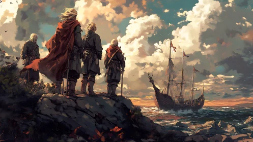 Cloaked figures observing a sailing ship from rocky shore.