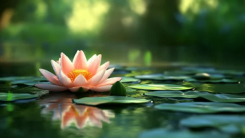 Gentle pink water lily glowing softly on a tranquil pond.