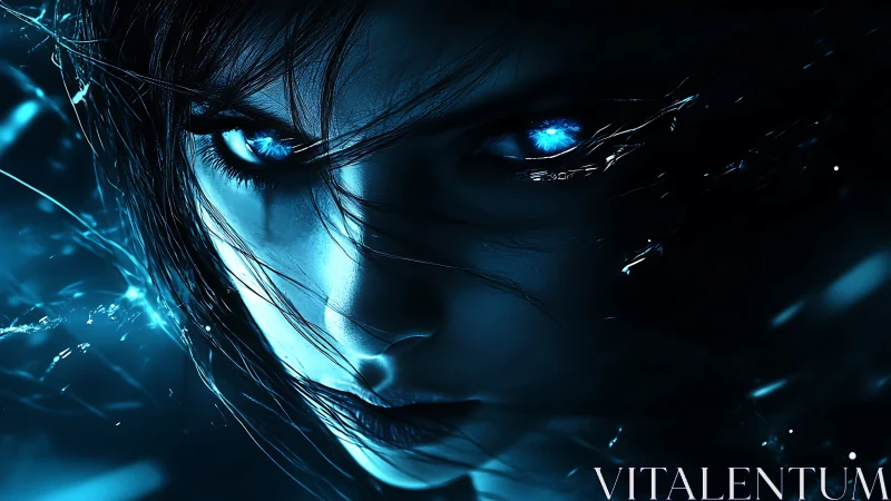 Cybernetic gaze ignites cold electric blue night storm.