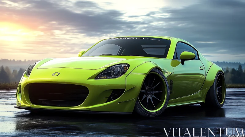 Lime green modified sports coupe on wet asphalt at sunrise.