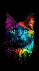 Neon Cat Portrait with Rainbow Color Burst.