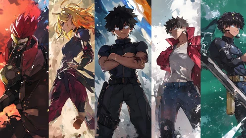Five anime heroes stand amid abstract elemental energy.