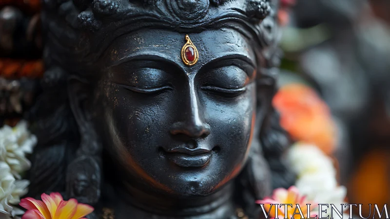 Serene stone visage listens softly to garlanded morning prayers