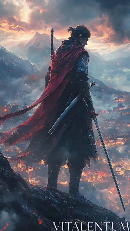Lone warrior in red cape overlooking burning valley city.