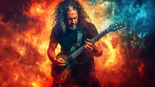 Electric guitarist soloing amid dual-color fire vortex backdrop