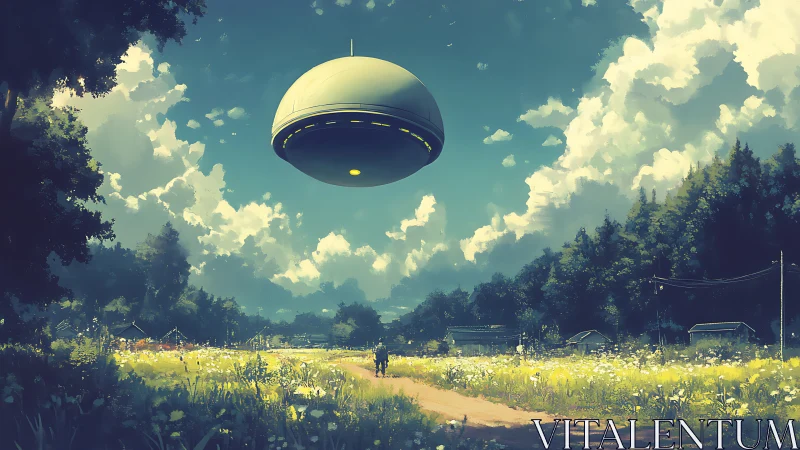 Futuristic hovering pod above sunlit rural flower meadow.