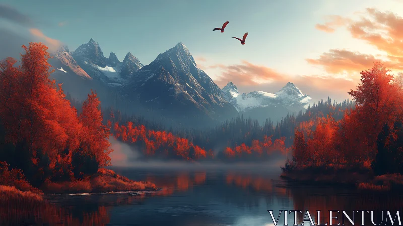 Crimson forest hugs a calm lake beneath gentle alpine peaks
