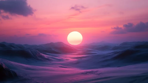 Sun over stylized ocean waves under pink violet sky.