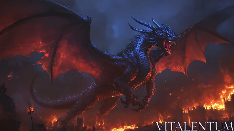 Midnight inferno dragon storms a burning shattered kingdom.