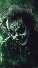 Sinister green clown emerging from swirling eerie fog.